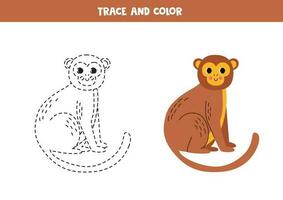 Trace and color cartoon brown monkey. Worksheet for children. vector