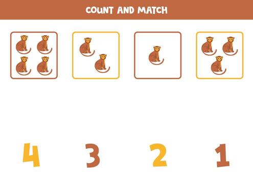Counting game for kids. Count all monkeys and match with numbers. Worksheet for children. vector