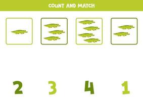 Counting game for kids. Count all crocodiles and match with numbers. Worksheet for children. vector