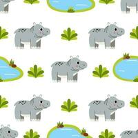 Seamless pattern with cute hippopotamus and water ponds. vector