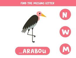 Find missing letter with cartoon marabou. Spelling worksheet. vector