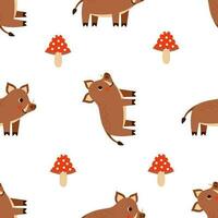 Seamless pattern with cute boars and fly agaric. Woodland repeat pattern. vector