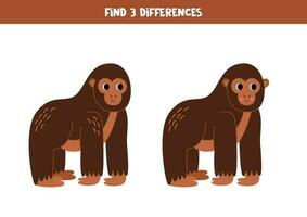 Find three differences between two pictures of cute gorilla. Game for kids. vector