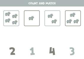 Counting game for kids. Count all rhinoceroses and match with numbers. Worksheet for children. vector