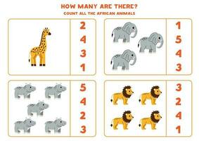 Counting game with cute African animals. Educational worksheet. vector