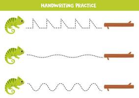 escritura práctica con linda camaleón. rastreo líneas para preescolares vector ilustración.