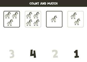 Counting game for kids. Count all zebras and match with numbers. Worksheet for children. vector