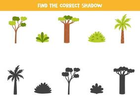 Find shadows of cute African trees and bushes. Educational logical game for kids. vector