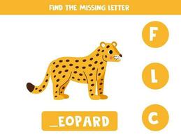 Find missing letter with cartoon leopard. Spelling worksheet. vector