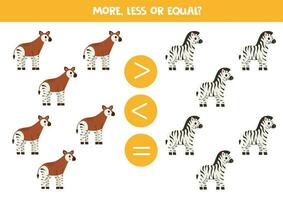 More, less or equal with cartoon okapi and zebra. vector