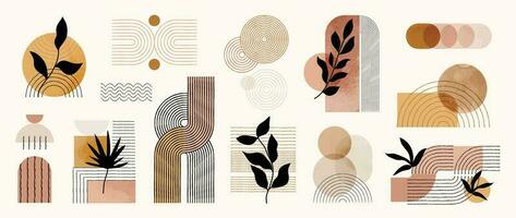 Hand drawn abstract minimal element mid century vector set. Aesthetic contemporary stripe line art, watercolor geometric shapes, leaf in earth tone. Design for wall art, decoration, wallpaper.