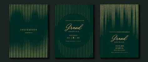 lujo gala invitación tarjeta antecedentes vector. dorado elegante geométrico forma, oro línea modelo en verde antecedentes. prima diseño ilustración para Boda y VIP cubrir plantilla, grandioso apertura. vector