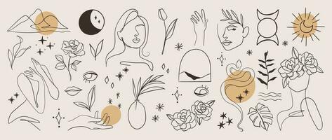 Minimal hand drawn line art vector set. Aesthetic line art design with  woman body, face, hands, body, mountain, snake, moon, flower. Abstract drawing for wall art, decoration, wallpaper, tattoo.