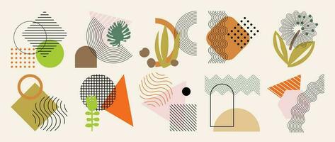 Hand drawn abstract minimal element boho vector set. Aesthetic contemporary stripe line art, geometric shapes, flowers. zig zag in earth tone. Art form design for wall art, decoration, wallpaper.