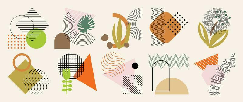 Hand drawn abstract minimal element boho vector set. Aesthetic contemporary stripe line art, geometric shapes, flowers. zig zag in earth tone. Art form design for wall art, decoration, wallpaper.