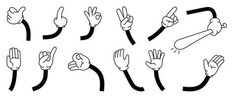 Set of 70s groovy comic hand vector. Collection of cartoon character hands, in different poses, okay, pointing, victory sign, high five. Cute retro groovy hippie illustration for decorative, sticker. vector