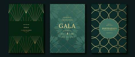 lujo gala invitación tarjeta antecedentes vector. dorado elegante geométrico forma, oro flor en verde antecedentes. prima diseño ilustración para Boda y VIP cubrir plantilla, grandioso apertura. vector