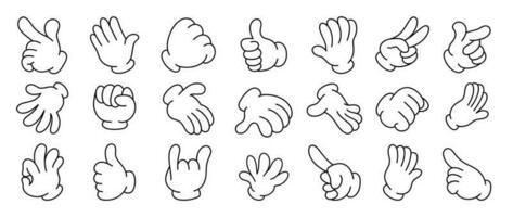 Set of 70s groovy comic hand vector. Collection of cartoon character hands, in different poses, okay, pointing, victory sign, high five. Cute retro groovy hippie illustration for decorative, sticker. vector