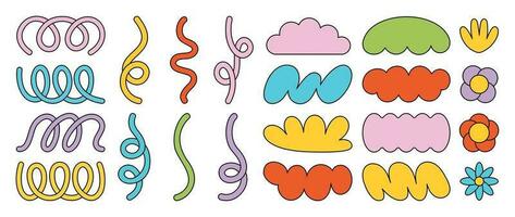 Set of 70s groovy element vector. Collection of abstract shapes, flowers, lines, scribbles, stripes, doodle ropes, banner for text. Cute retro groovy hippie illustration for decorative, sticker. vector