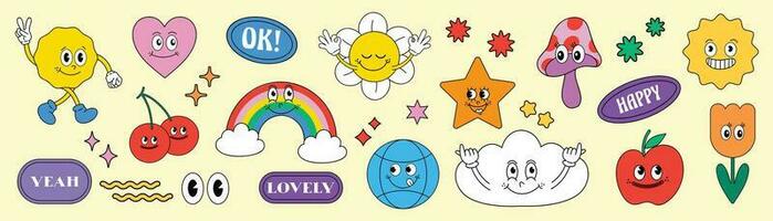 Set of 70s groovy element vector. Collection of cartoon characters, doodle smile face, flower, tulip, rainbow, speech bubble, cherry, apple. Cute retro groovy hippie design for decorative, sticker. vector