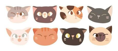 Cute and smile cat heads doodle vector set. Comic happy cat faces character design of different cat breed with flat color isolated on white background. Design illustration for sticker, comic, print.