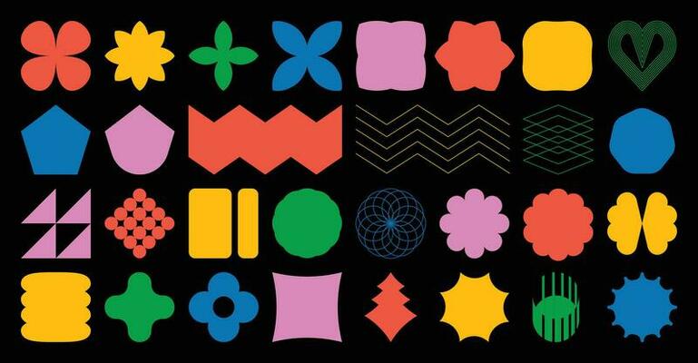 Set of abstract retro geometric shapes vector. Collection of contemporary figure, flower, heart, square in 70s groovy style. Bauhaus Memphis design element perfect for banner, prints, stickers, decor.