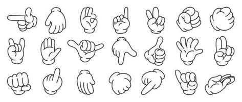 Set of 70s groovy comic hand vector. Collection of cartoon character hands, in different poses, okay, pointing, victory sign, high five. Cute retro groovy hippie illustration for decorative, sticker. vector