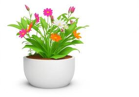 3d beautiful flower, nature flowers and plant pot illustration isolated on white background, copy space photo