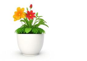 3d beautiful flower, nature flowers and plant pot illustration isolated on white background, copy space photo