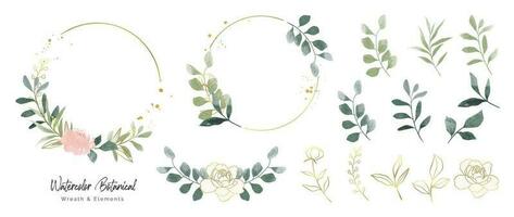 lujo botánico oro Boda marco elementos recopilación. conjunto de círculo, brilla, hoja sucursales, Rosa flor. elegante follaje diseño para boda, tarjeta, invitación, saludo. vector