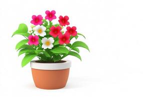 3d beautiful flower, nature flowers and plant pot illustration isolated on white background, copy space photo