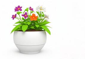 3d beautiful flower, nature flowers and plant pot illustration isolated on white background, copy space photo