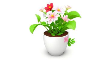 3d beautiful flower, nature flowers and plant pot illustration isolated on white background, copy space photo