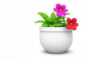 3d beautiful flower, nature flowers and plant pot illustration isolated on white background, copy space photo