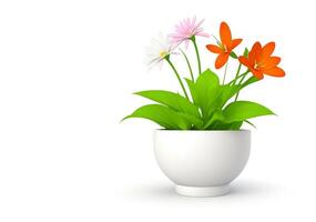 3d beautiful flower, nature flowers and plant pot illustration isolated on white background, copy space photo