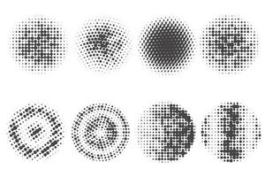 Circle dots with halftone pattern. Round gradient background. Elements with gradation points texture. Abstract geometric shapes. Vector set