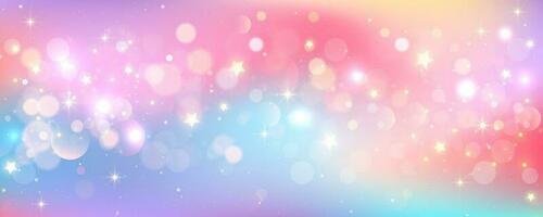 Rainbow unicorn background. Pastel glitter pink fantasy galaxy. Magic mermaid sky with bokeh. Holographic kawaii abstract space with stars and sparkles. Vector