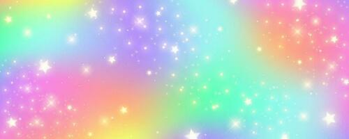 Rainbow pastel background with stars. Unicorn glitter galaxy. Abstract fantasy space. Holographic iridescent design with sparkles. Vector cosmic bg.