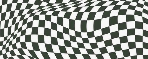 Checkerboard wavy pattern. Abstract chess square print. Black and white psychedelic optical illusion. Warped flag with geometric graphic. Y2k design for banner vector