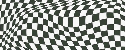 Checkerboard wavy pattern. Abstract chess square print. Black and white psychedelic optical illusion. Warped flag with geometric graphic. Y2k design for banner vector