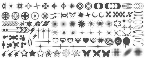 y2k iconos retro gráfico elementos para diseño. moderno delirio simbolos resumen geométrico estrellas destellos y futurista formas vector conjunto de corazones, flores y planetas pegatinas