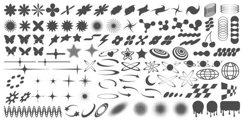 y2k retro elements. Abstract shapes and symbols for futuristic design. Geometric groovy icons. Vector vintage set on white background