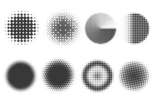 Circle dots with halftone pattern. Round gradient background. Elements with gradation points texture. Abstract geometric shapes. Vector set