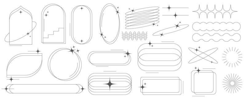 Aesthetic frames and shapes with stars. Minimal y2k outline graphic design with sparkles. Abstract minimalistic arches borders. Trendy boho geometric templates set. Vector illustration.