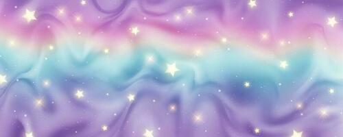 Abstract color rainbow gradient background. Glitter sky with stars and sparkles. Wavy fluid liquid texture. Vibrant flow curved folds. Multicolor blurred vector wallpaper.