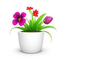 3d beautiful flower, nature flowers and plant pot illustration isolated on white background, copy space photo