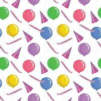 Multi-colored balloons, birthday pipes, holiday hats. Seamless vector pattern for congratulations. Happy birthday theme. Design element for greeting cards, holiday banners, wrapping paper.