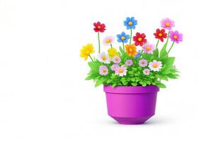 3d beautiful flower, nature flowers and plant pot illustration isolated on white background, copy space photo