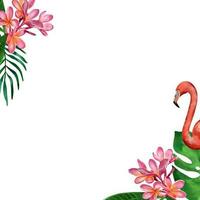 Watercolor background in tropical style. Vector illustration of a template with flamingos, tropical leaves and plumeria flowers. Design element for wedding invitations, greeting cards, summer banners.