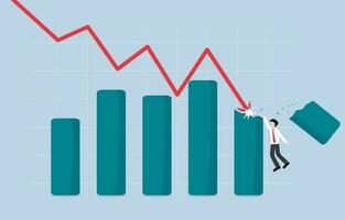 económico recesión afectar ganador de compañía, financiero crisis y negocio interrupción concepto, empresario colgando en borde de roto bar grafico a sobrevivir después que cae grafico ataque. vector